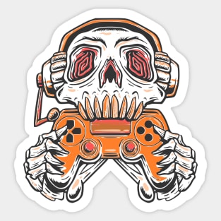 A skull gamer holding a orange joystick controller and wearing headphone. Sticker